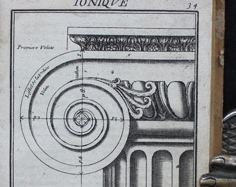 May include: An antique architectural illustration from a book, featuring a detailed drawing of an Ionic column capital. The image includes the word "IONIQVE" at the top, along with measurements and geometric diagrams. The page is aged with visible wear.