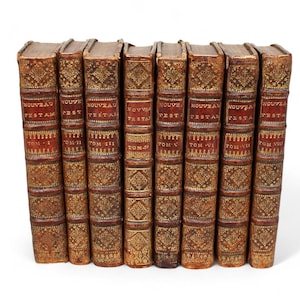 1696–1706 Antique Holy Bible – New Testament – 8 Vols – Latin & French – Moral Reflections – Gospels and Epistles – Leather Set