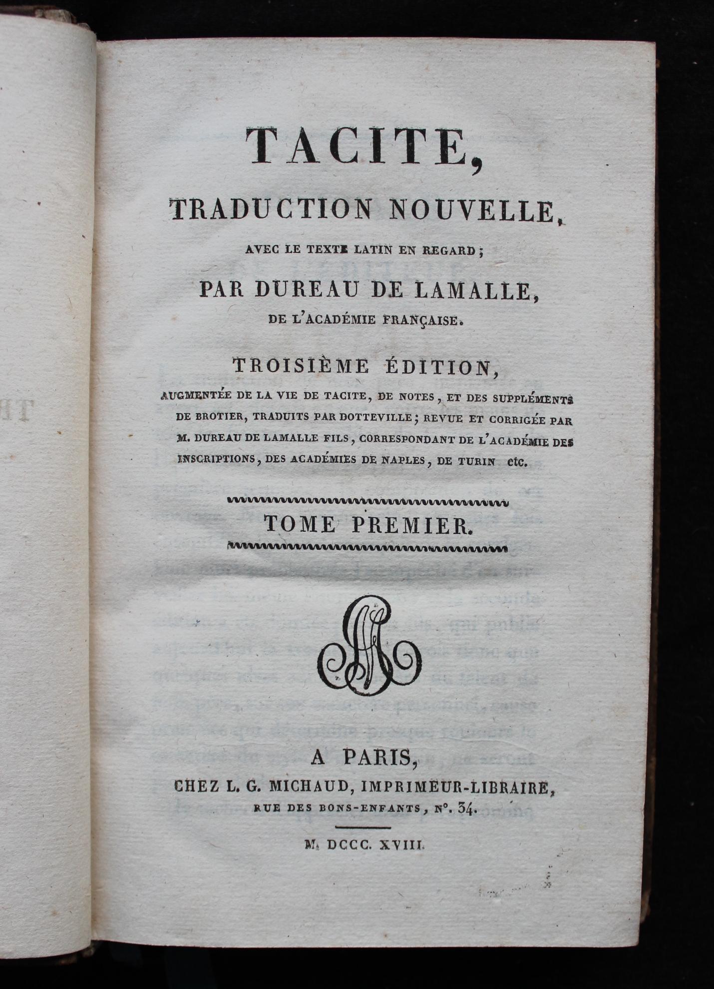 1818 Tacitus Works – 6-volume Set, Latin & French, Leather Bound