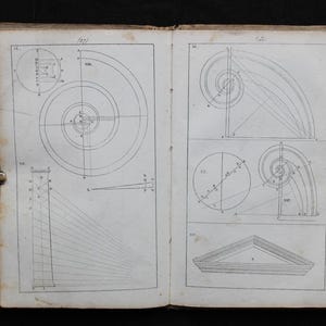Può includere: Libro aperto con diagrammi architettonici in inchiostro nero su carta invecchiata bianco sporco. Una pagina presenta una spirale e forme geometriche, l'altra linee curve e una struttura triangolare.