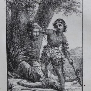 Puede incluir: Grabado en blanco y negro que representa dos figuras bajo un árbol. Una figura está de pie con una lanza, la otra está sentada. El texto "T.4 p 234" está en la parte superior. Texto en francés en la parte inferior.