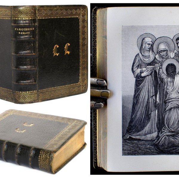 1883 Antique Roman Rite Missal in French & Latin Bible Prayerbook Catholic Church Illustrated Engravings Green Morocco Binding Rare 1800s