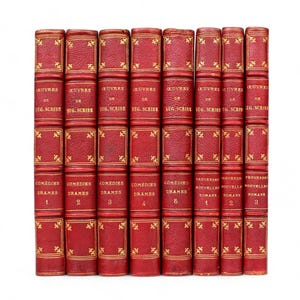 1874 Complete Works of Eugène Scribe – 8 Vols – Comedies, Dramas, Proverbs – Illustrated – Fine French Leather Bindings – Bookshelf Decor