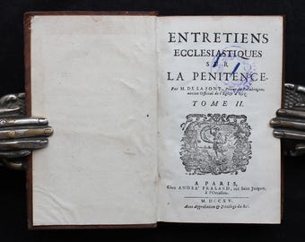 Livro antigo de 1715 - Discussões teológicas e eclesiásticas sobre penitência - arrependimento - cristianismo - religião - encadernação de couro