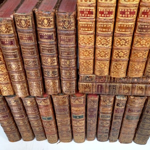 May include: A collection of antique books with aged, leather-bound covers. The spines display gold lettering and decorative patterns. The books are arranged in a stacked formation, showcasing their historical appearance.