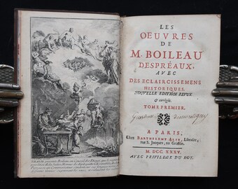 1735 The Works of Boileau Satires Art of Poetry Epistles Odes French Literature Poems Antique Book Leather Binding 1700s