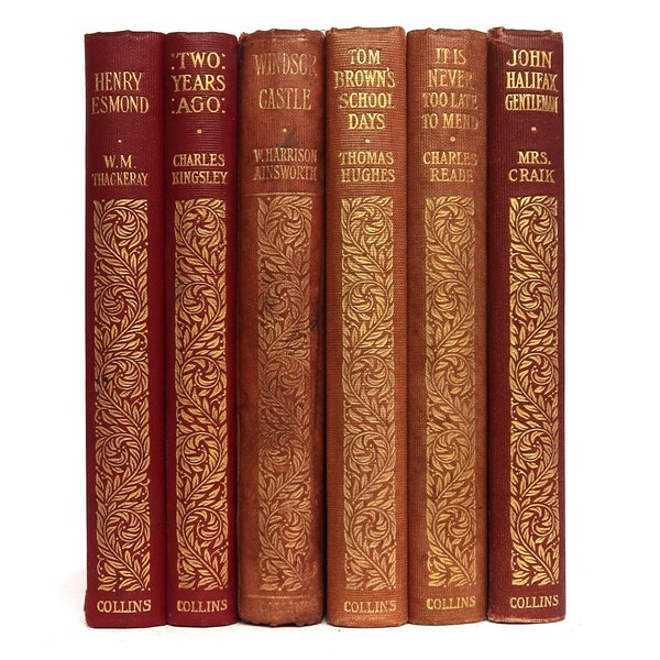 1900 Set of 6 Vintage Books English Literature Decorative Red Cloth Bindings Collins' Clear Type Press W. M. Thackeray Charles Kingsley