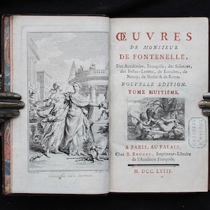 1758 Oeuvres de Monsieur de Fontenelle – Enlightenment Era Miscellaneous Works – French Literature – Plays & Poetry – Engraved Frontispiece