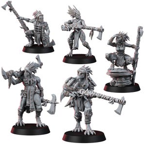 May include: Five gray miniature figurines of tribal warriors, each posed differently. They are armed with axes and rifles, and wear feathered headdresses and armor. The figurines are on black circular bases.