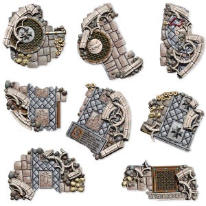 May include: A collection of miniature, weathered stone wall sections with intricate architectural details. Each piece features a mix of gray, beige, and brown tones, with decorative elements like skulls, fleur-de-lis, and geometric patterns. Ideal for tabletop gaming.