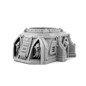 May include: A gray, miniature, industrial-style structure with a circular top and architectural details. The structure features arched openings with skull and tentacle-like designs, along with panels and rivets. This model is likely for tabletop gaming or hobby projects.