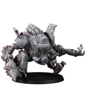 May include: A gray, detailed miniature figure of a mechanical war machine. The figure has multiple articulated limbs, a drill, and a flamethrower. The figure is posed on a black circular base, with a complex design and rivets.