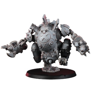 May include: A gray, mechanical war machine miniature with a cross symbol on its chest. It features articulated arms with claw-like hands, spiked armor, and a circular base. The model is designed for tabletop gaming.