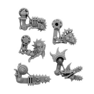 May include: Five gray plastic miniature arms with various mechanical attachments, including circular saw blades, gears, and spiked details. One arm features a chainsaw blade with a skull emblem. These components are likely for model building or tabletop gaming.