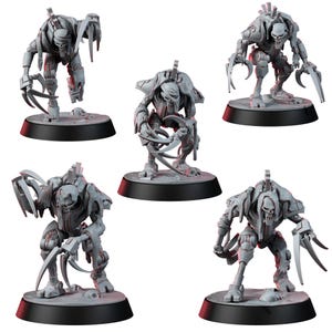 May include: Five gray miniature figurines of a skeletal robot warrior with sharp claw-like hands and feet. Each figure is posed differently and mounted on a black circular base. The robots have detailed mechanical features.