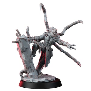 May include: A gray, detailed miniature figure of a monstrous creature with multiple arms and a menacing expression. The figure is posed dynamically, with one leg raised and multiple appendages extended. It stands next to a broken, rocky structure.