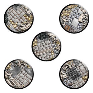 May include: Five circular miniature bases with a cobblestone and metal design. Each base features a different arrangement of skulls, metal grates, and architectural details. The bases are ideal for miniature wargaming.