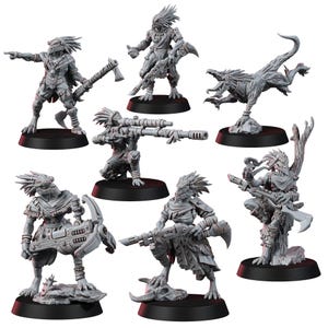 May include: A collection of unpainted miniature figurines depicting avian-humanoid characters in various action poses. Each figure is mounted on a black base and holds weapons such as axes, rifles, and bows. The figures are detailed with feathered headdresses and armor.