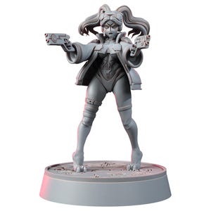 May include: A grey figurine of a female character holding two futuristic pistols. She wears a jacket, bodysuit, and has her hair in pigtails. The figure stands on a round base with a detailed design.