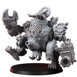 May include: A gray miniature war machine with a small figure at the top. The model features a large claw, multiple spiked armor plates, and a circular base. The figure is pointing forward, and the overall design is detailed and mechanical.