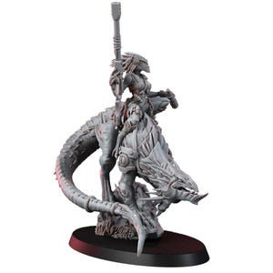 May include: A detailed gray miniature figure of a warrior riding a reptilian creature. The warrior is armed with a rifle and wears armor. The creature has a long tail and is mounted on a black base.