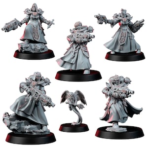 May include: A selection of unpainted miniature figurines. The figures are clad in long robes and armour, wielding futuristic weaponry. One figure holds a winged skull. The miniatures are on black bases, ready for painting and display.