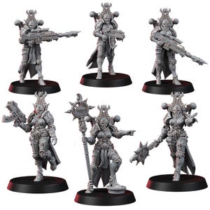 Puede incluir: Seis figuras en miniatura grises de figuras blindadas, cada una sobre una base negra. Las figuras están en varias poses, sosteniendo armas como rifles, blásters y un bastón con un símbolo de ojo. La armadura tiene detalles intrincados.