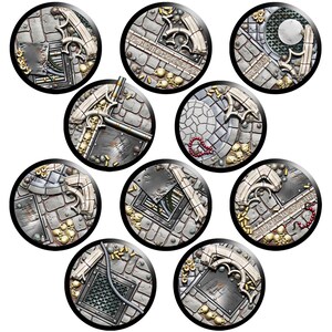 May include: A collection of nine circular miniature bases with a gothic, industrial theme. Each base features a cobblestone texture, metal panels, and decorative architectural elements. Some bases include skulls, wires, and other details.