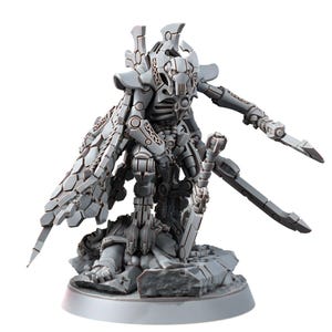 May include: A gray, detailed miniature figure of a robotic warrior, posed with two swords and a cape-like structure. The figure is standing on a rocky base, showcasing intricate mechanical designs and a skeletal appearance, perfect for tabletop gaming.