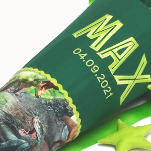 School cone Dino, incl. name, for boys, made of fabric, with Jurassic Park font, T-Rex