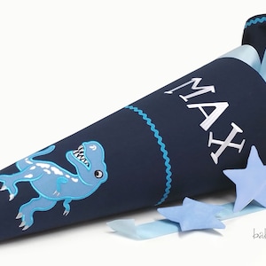 School cone Dino, incl. name, for boys, made of blue fabric