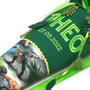 Dino school cone, including name, for boys, made of fabric, with Jurassic Park lettering, opt. with leaves