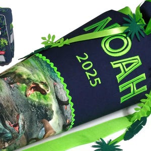 School cone Dino, incl. name, for boys, made of dark blue fabric, with Jurassic Park writing, optionally with leaves