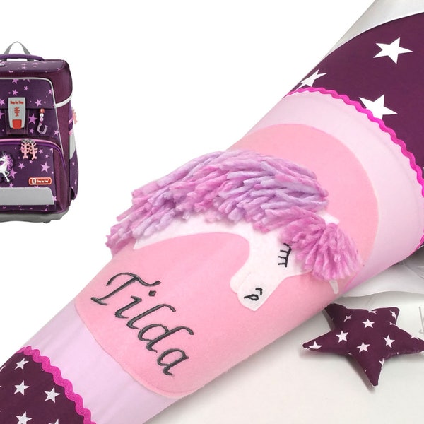 School bag unicorn with wool mane, with name, made of fabric bordeaux with stars, for girls, passing to Step by Step Unicorn, sugar bag