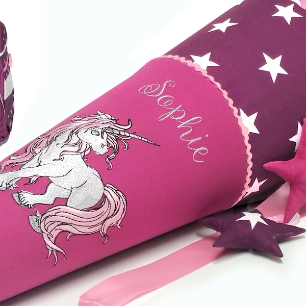School bag unicorn incl. name, for girls, made of fabric bordeaux with stars - magenta, suitable for Step by Step Unicorn Nuala