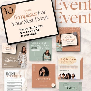 May include: A collection of 30 Canva templates for events, including masterclasses, workshops, and webinars. The templates feature a modern design with a brown and green color scheme. The text "Create Captivating Content" is featured on one of the templates.
