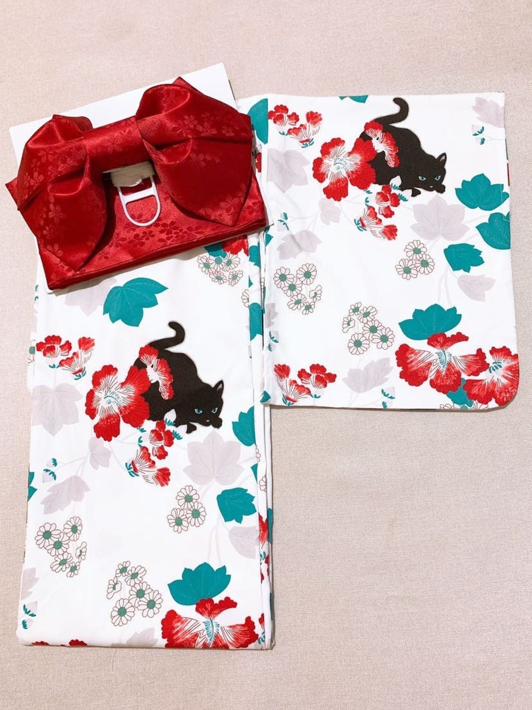 Japanese Cat Yukata Set With Obi Belt/ Japanese Women Yukata Kimono