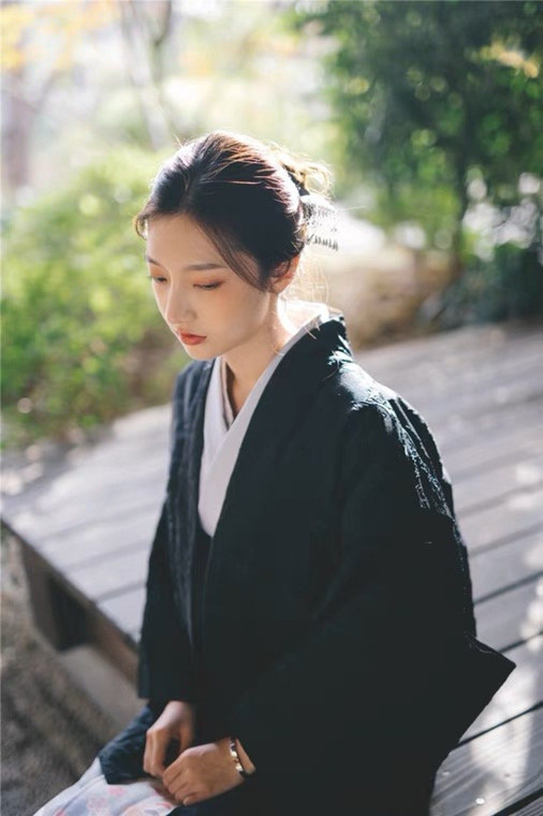 Japanese Black Jacquard Fleece Kimono Jacket Kimono Winter 