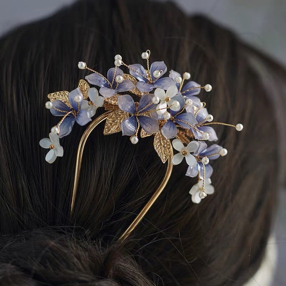 Purple Flowers Hair Pin, Side Hair Clip, Tassels Hair Stick, Pearl