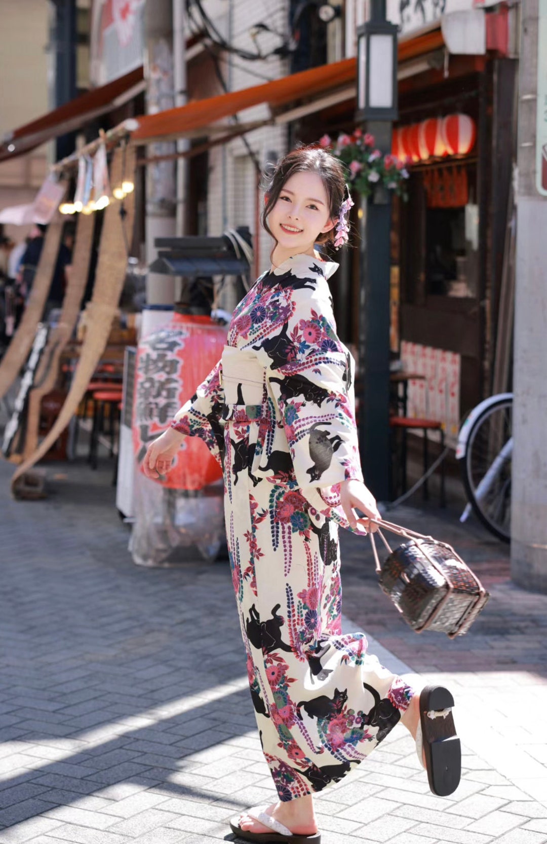 Japanese Traditional Yukata With Cute Kitten Patterns Summer Etsy