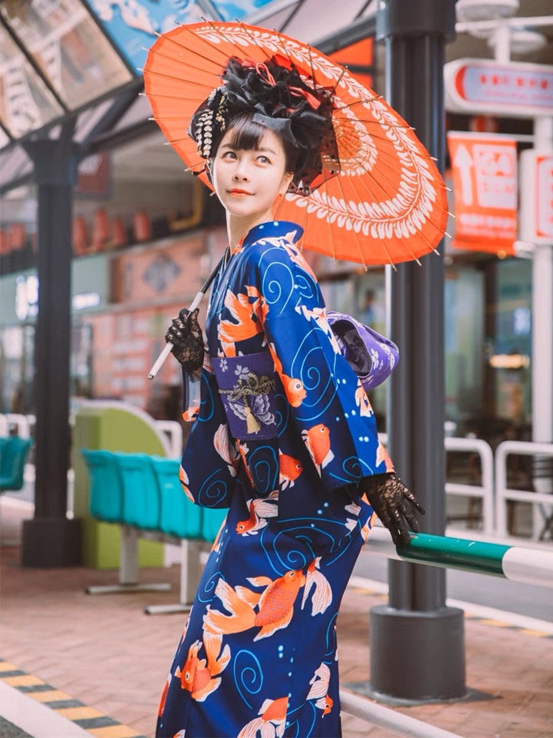 Blue Japanese Goldfish Kimono With Obi Belt Set / Easy Wear Etsy