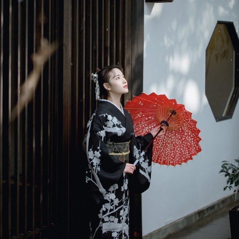 Black Plum Blossom Japanese Kimono Dress / Japanese Women - Etsy