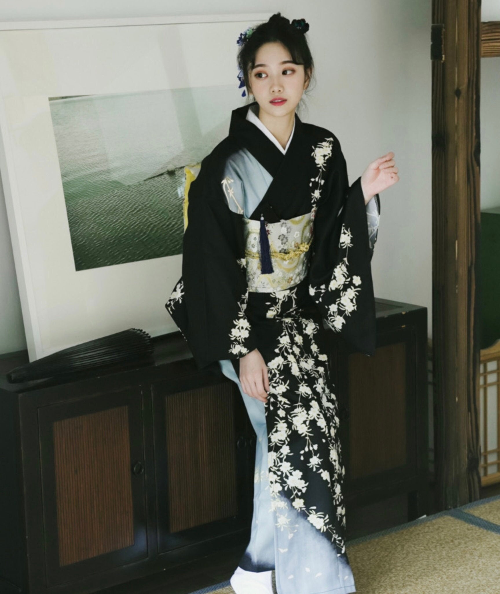 Black Japanese Kimono/ Women Japanese Kimono Dress / Easy Wear - Etsy