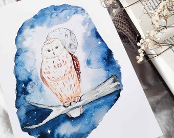Hibou lune et ciel étoilé