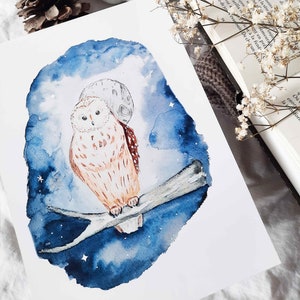 Hibou lune et ciel étoilé