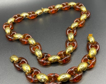 Vintage imitación carey mármol naranja y marrón moldeado plástico y brillante tono dorado grueso cadena eslabón collar y pulsera conjunto