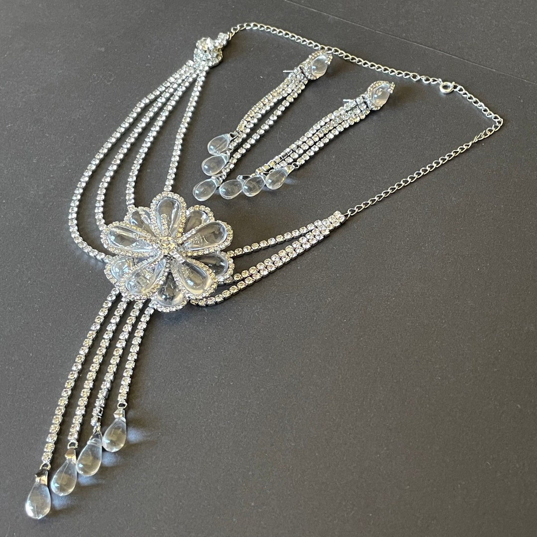 Vintage Festoon, Fringe Necklace and Long Drop Earrings for Pierced