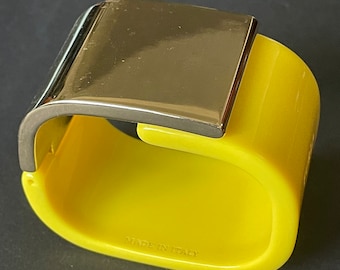 Pre-owned signed Furla designer hinged bangle in bright yellow and shiny gold tone, made in Italy, gorgeous chunky sleek cuff bracelet