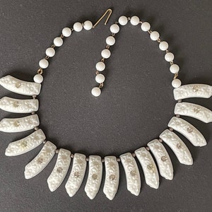 Vintage white moulded plastic / celluloid and clear rhinestone collar fringe necklace, signed Western Germany