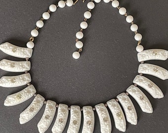 Vintage white moulded plastic / celluloid and clear rhinestone collar fringe necklace, signed Western Germany